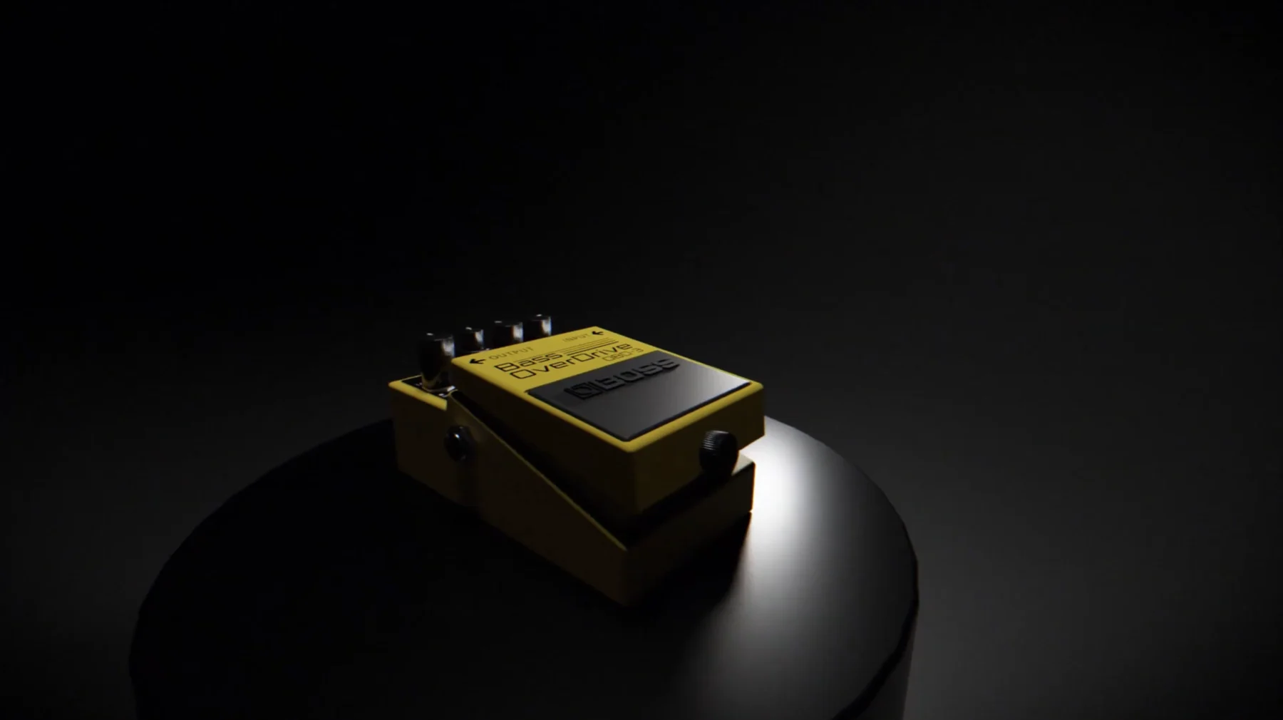 3D product animation of a Boss overdrive pedal