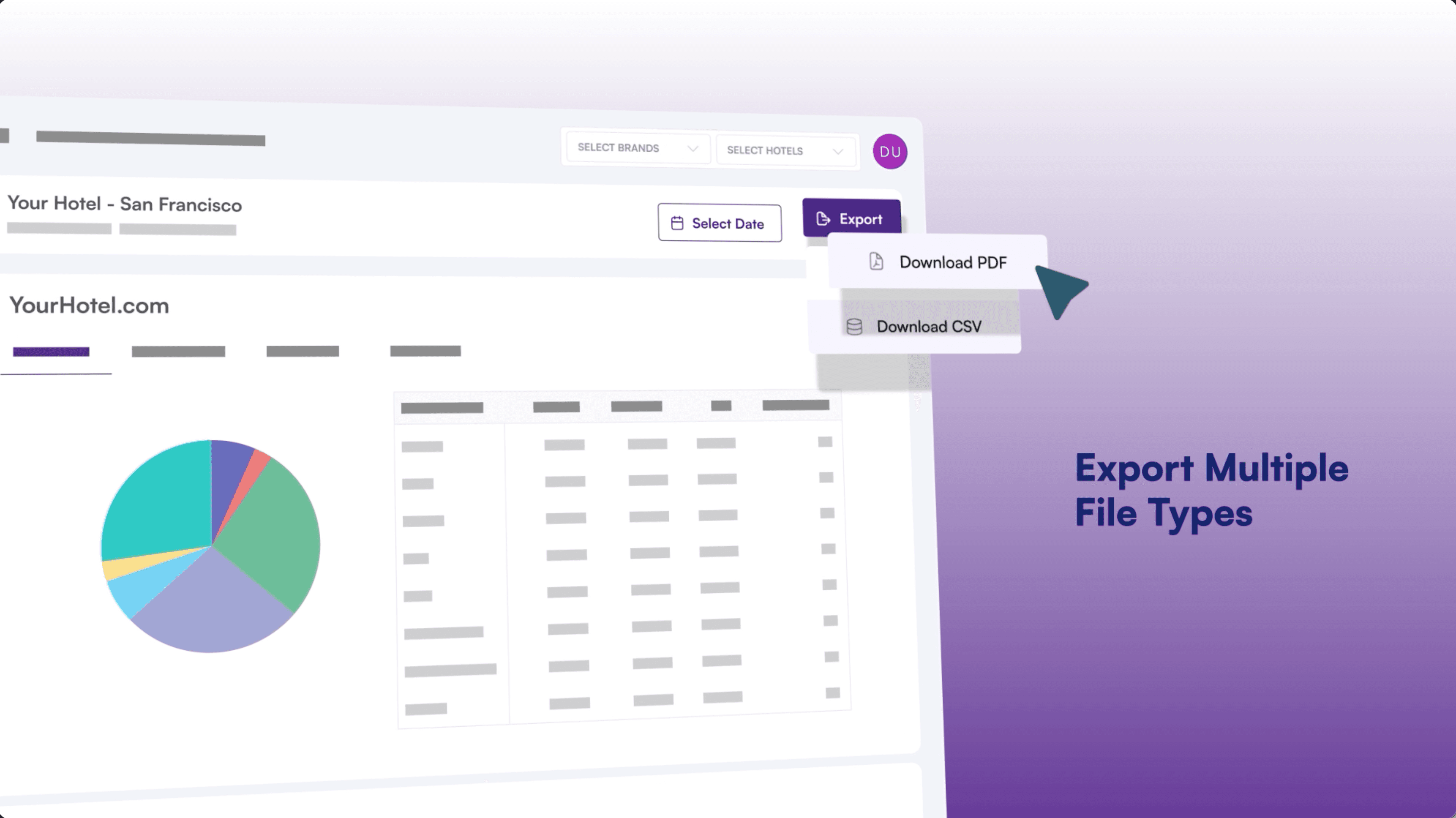 Cogwheel Analytics export menu offering PDF and CSV file types