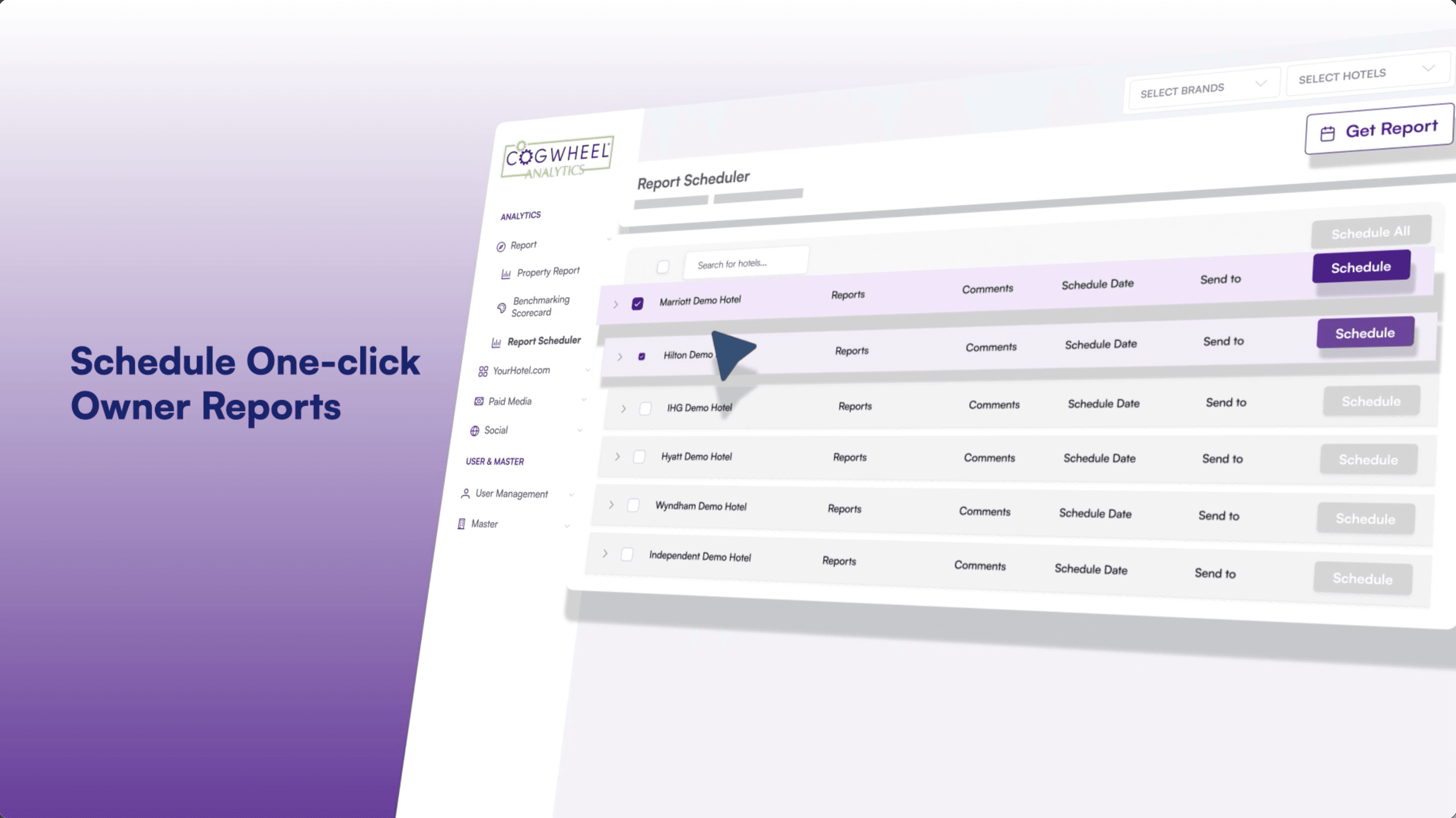 Cogwheel Analytics report scheduler showing one-click owner reports