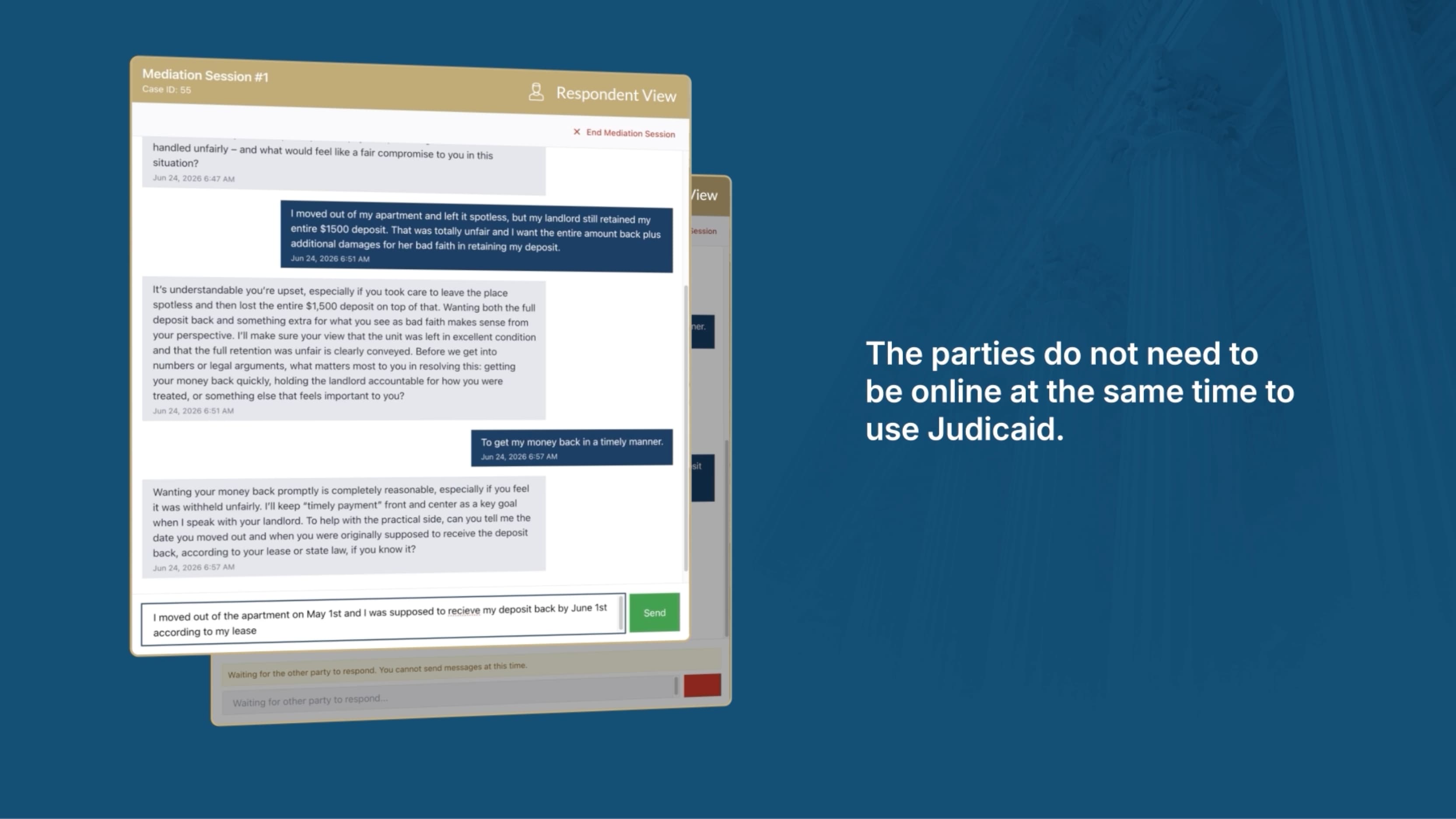 Judicaid mediation session screen explaining asynchronous mediation
