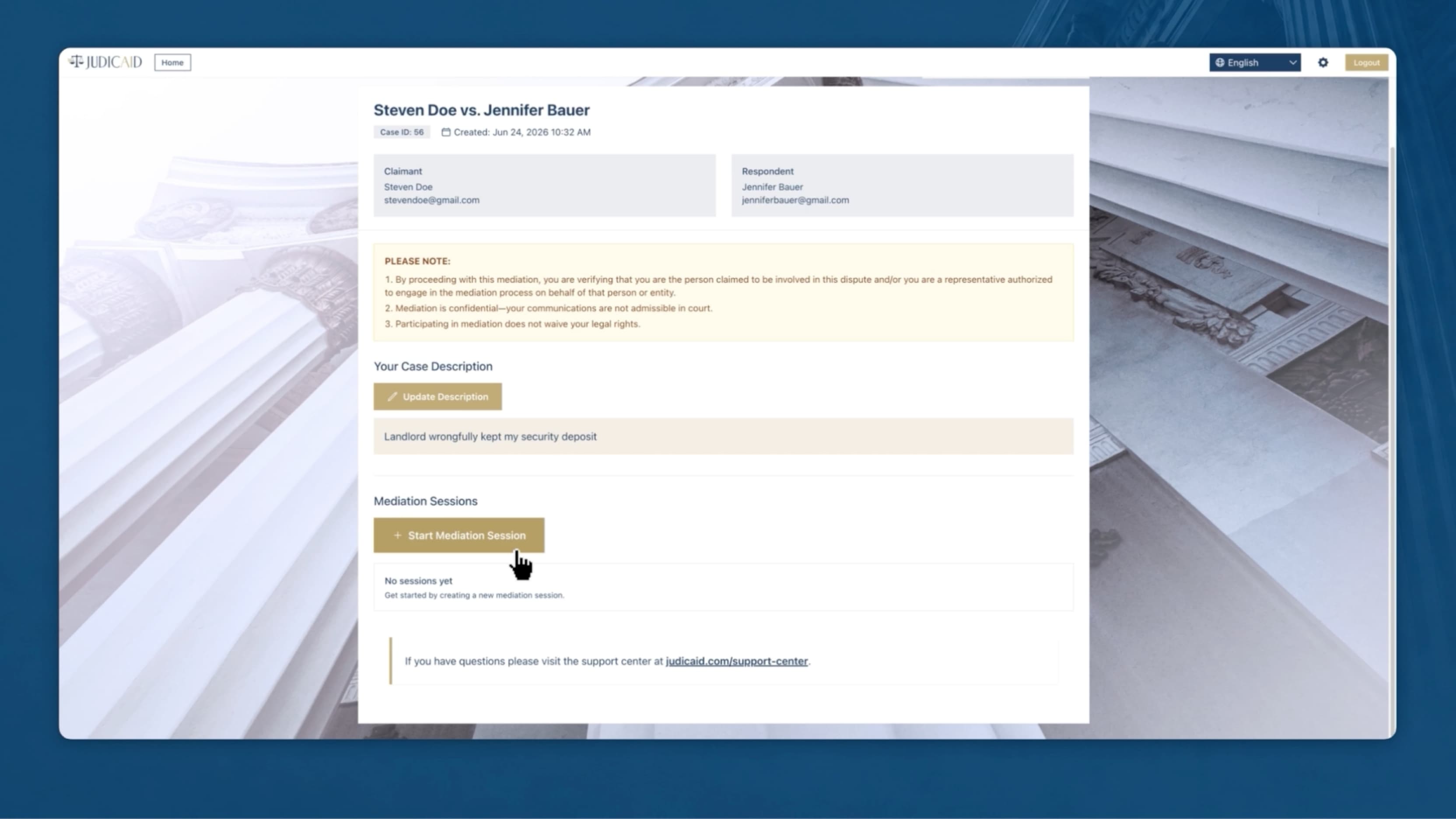 Judicaid case detail screen with start mediation session button