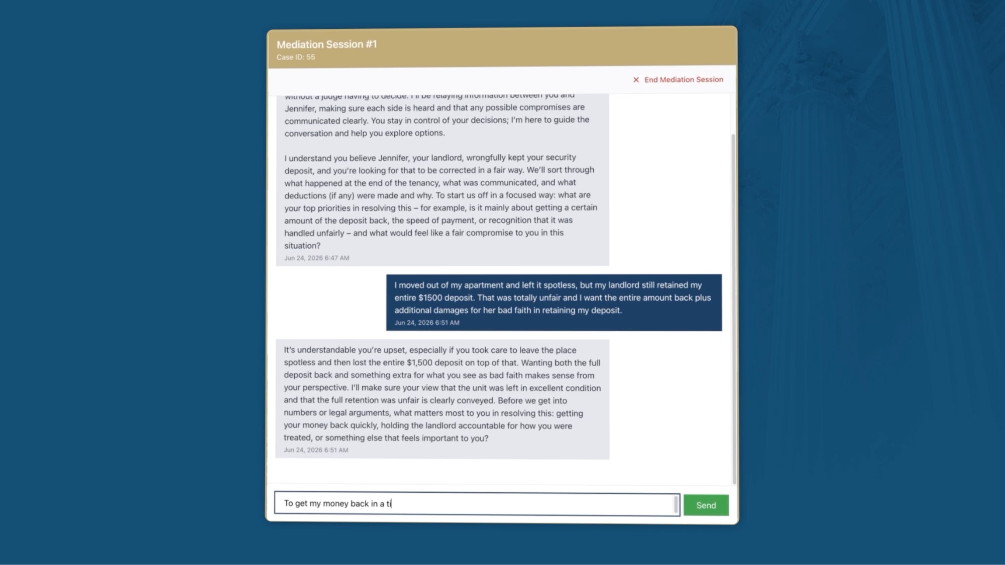 Judicaid mediation chat screen from the walkthrough