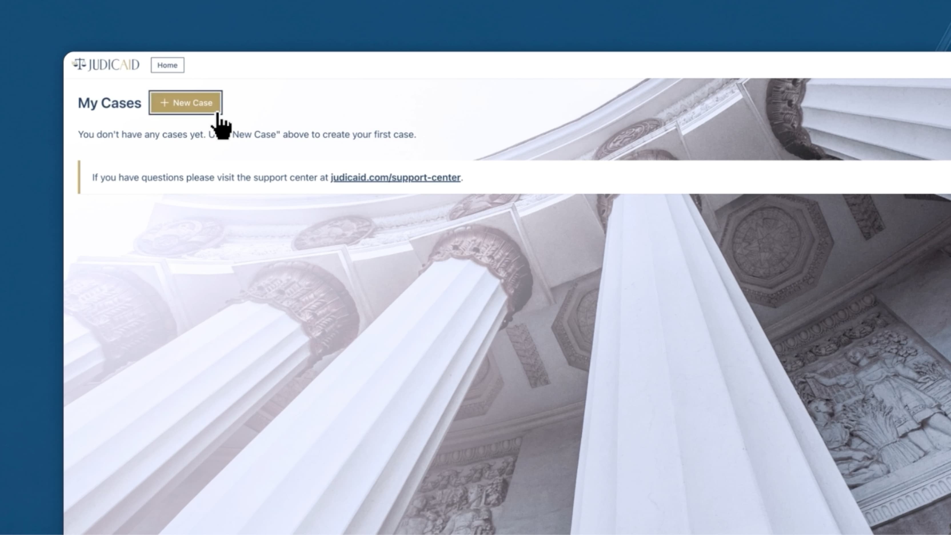 Judicaid my cases screen with the new case callout