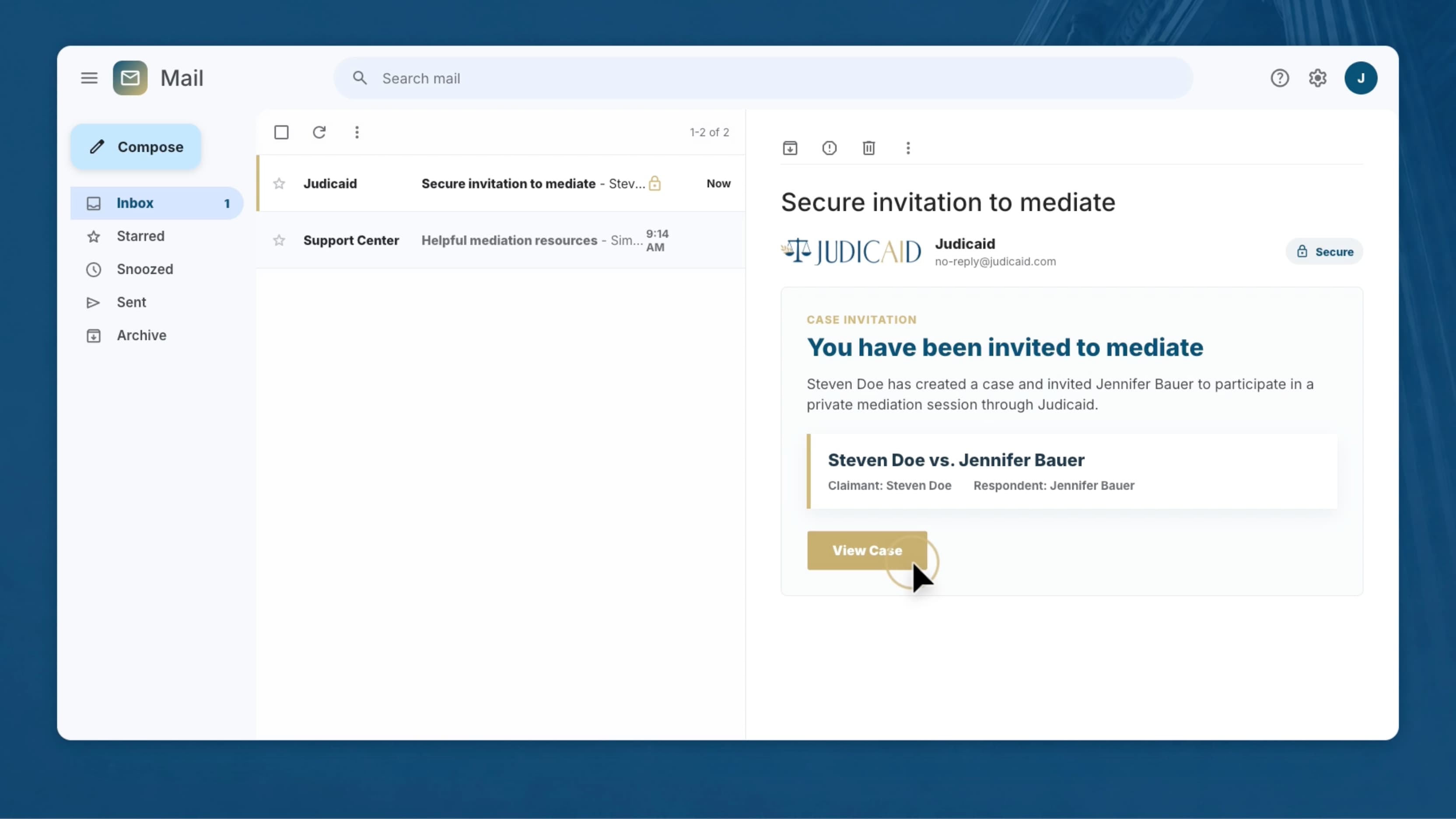 Judicaid secure invitation email frame used in the product demo