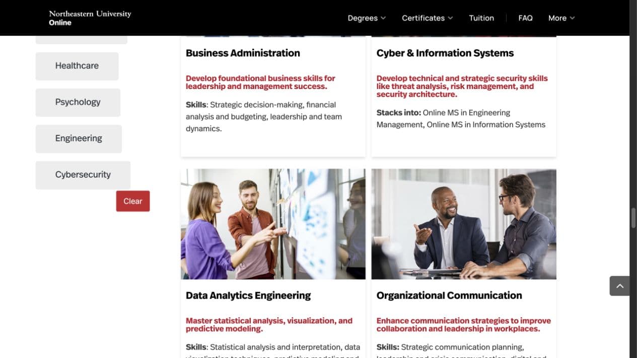 Northeastern Online program explorer cards and interest filters
